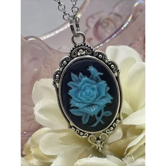 Cameo Necklace Turquoise Rose Wedding Jewelry Black Gothic Anniversary Easter - Picture 1 of 13